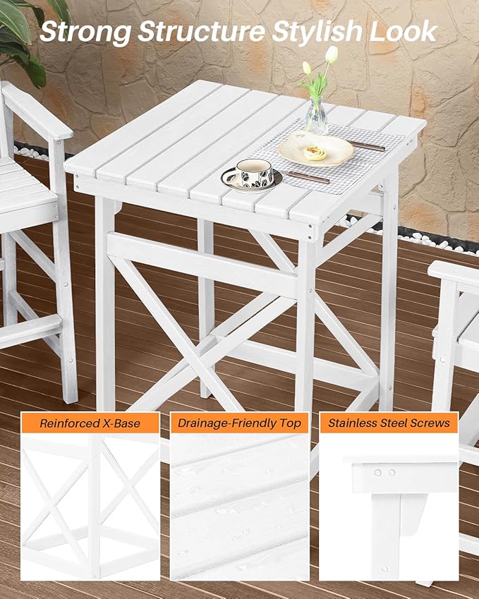 3-Piece Adirondack Chairs and Table Set, HDPE Patio Bar Sets, All Weather Outdoor Bar Stools Set, HDPE Adirondack Bar Height Chairs and Bar Table for Balcony, Porch, Garden, Pearl