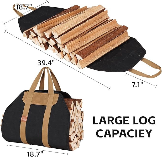 1MORE Firewood Carrier - Wood Carrier for Firewood,Log Carrier for Firewood Tote Bag, 40"X19" Canvas Firewood Carrier, Water Resistant Log Tote Wood Carrying Bag With Handles,Fireplace Tools. Black