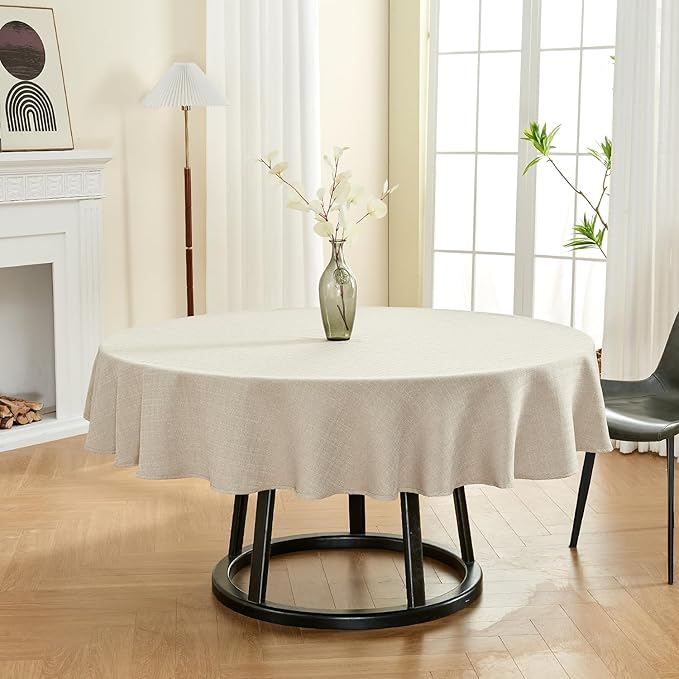 BALCONY & FALCON Rectangle Tablecloth Washable Wrinkle Resistant and Water Proof Table Cloth Decorative Linen Fabric Tablecloths for Dining Parties Kitchen Wedding and Outdoor Use (Beige, 107" Round)