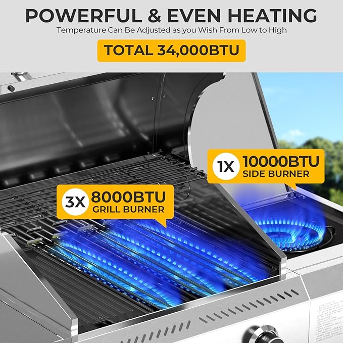 G31 pro Gas Grill 34,000 BTU 3-Burner Propane Grill with Side Burner, Stainless Steel BBQ Grill, Cast Iron Grates & Portable Cart with Wheels，Outdoor Barbecue Grill for Backyard, Patio, Camping