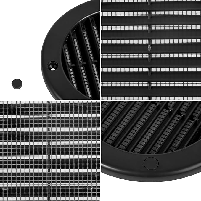 4 Inch [Opening] Black Air Vent Cover – Pack of 5 – Plastic Round Air Vent Grill Cover for Wall or Ceiling, Built-in Mesh Screen/HVAC Return Air Register – Modern Louvered Design