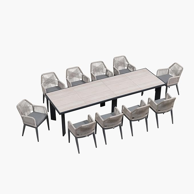 PURPLE LEAF 11 Pieces Patio Dining Set Aluminum Modern Oversize Rectangular Table and Rattan Arm Chairs with Cushions for Kitchen Porch Garden Outdoor Furniture Sets, Beige and Dark Grey