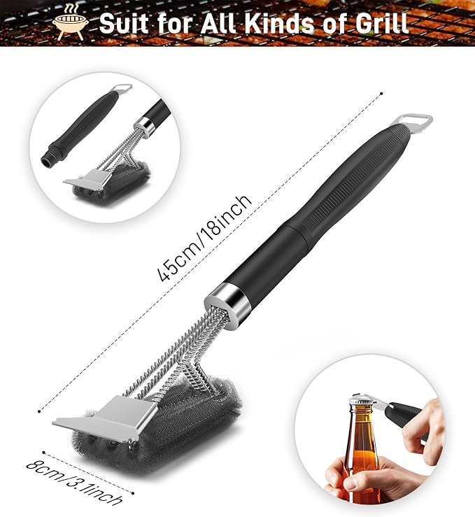 Grill Brush and Scraper-18 Adjustable Handle Safe BBQ Grill Brush for Outdoor Grill-Deep Grill Clearning Brush wih Bottle Operner Extra Strong BBQ Cleaner Accessories for Gas/Charcoal Grilling Grates