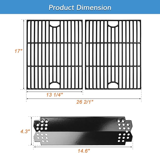Grill Replacement Parts for Nexgrill 720-0888N - 720-0888s 5 Burner Grill, Heat Plate, Grill Grate for 720-0830H 720-0888, Cast Iron, Porcelain Steel