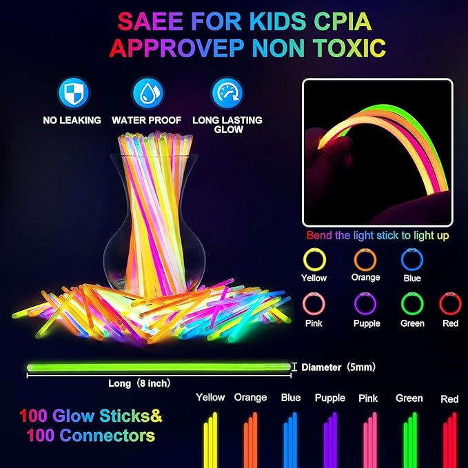 100 Pcs Glow Sticks Bulk, 8" Glow in the Dark Party Supplies - Neon Glow Stick Bracelets & Necklaces for Festivals, Concerts, Raves, Night Clubs, Halloween, Christmas, Birthdays