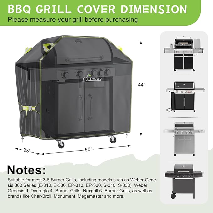 UIRWAY Gas Grill Cover 60 Inch, Waterproof, UV & Fade Resistant BBQ Grill Cover for Outdoor, Barbecue Cover with Reflective Strip and Air Vent for Weber, Dyna-glo, Char-Broil, Nexgrill, etc. Black