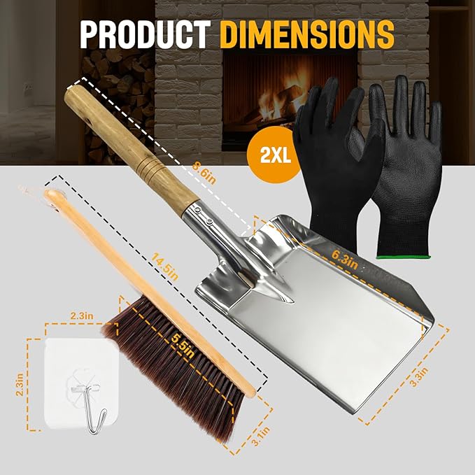 Fireplace Ash Shovel and Brush Set, with Insulated Gloves. Fireplace Tools Set with Shovel, Broom - for Fireplaces, Wood Stoves 37 * 10CM 14.57 * 3.94"
