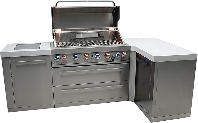 Mont Alpi MAi805-90 44-inch 6-Burner 115000 BTU 90 Degree Corner Stainless Steel Gas Outdoor Kitchen Bar Barbecue Island Grill + Infrared Side & Rear Burners + Granite Countertops + Storage Drawers