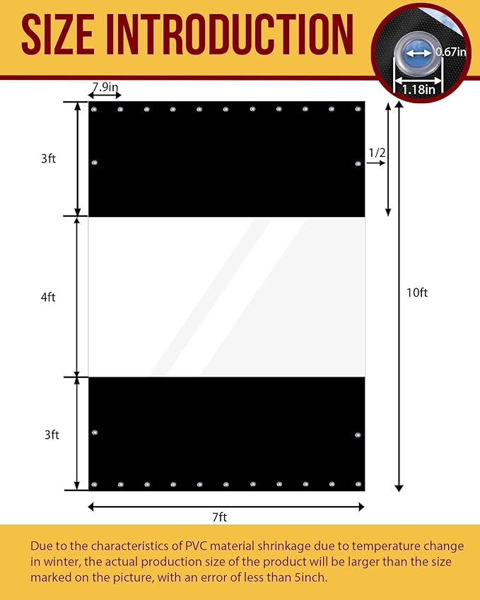 FoundGo 10'Hx07'W Vinyl Curtains for Patio 19oz, Outdoor Clear Vinyl Patio Enclosure,Heavy Duty Clear Tarp Waterproof Vinyl Tarps with Grommets for Pergola, Balcony,Porch,Gazebos，-4℉ Cold Resistant