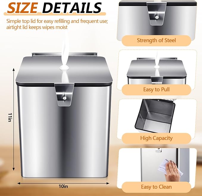 Zonon Stainless Steel Wall Mount Disinfectant Wipe Dispenser Fits Sanitizing and Disinfecting Wipes on Rolls 11 x 10'' for Fitness Clubs Schools Commercial and Residential Facilities(Square)