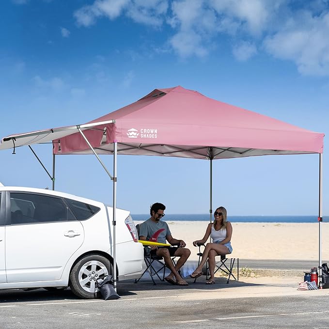 CROWN SHADES 10x10 Pop Up Canopy Tent with Patented Center Lock, Instant Commercial Canopy with Extendable Awning, 150D Silver Coated Fabric, 4 Weight Bags, Ropes, Stakes & STO ’N Go Wheeled Bag, Pink