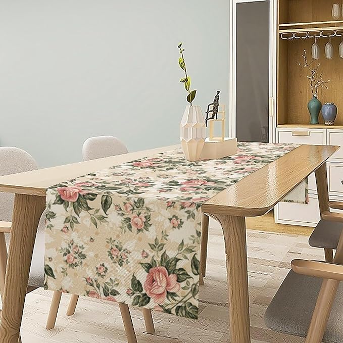 Rose Floral Table Runner,Vintage Watercolor Spring Summer Seasons Flowers Table Decoration for Wedding Holiday Indoor Outdoor Home Party 13x60in