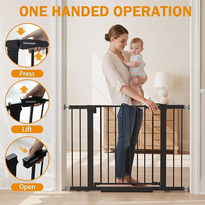Baby Gate for Stairs, 29.7-43" Auto Close Dog Gate for Doorways & Hallways, Pressure Mounted Pet Gate with Walk Thru Door, Easy Install Safety Gate for Children & Pets, No Drilling, Dual-Lock Design