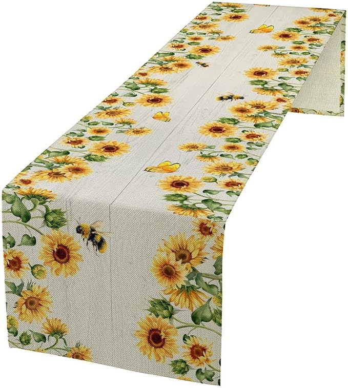 Sunflower Table Runner, Yellow Floral Flower Butterfly Country Rustic Table Runner for Outdoor Home Party Kitchen Dining Holiday 13x70in