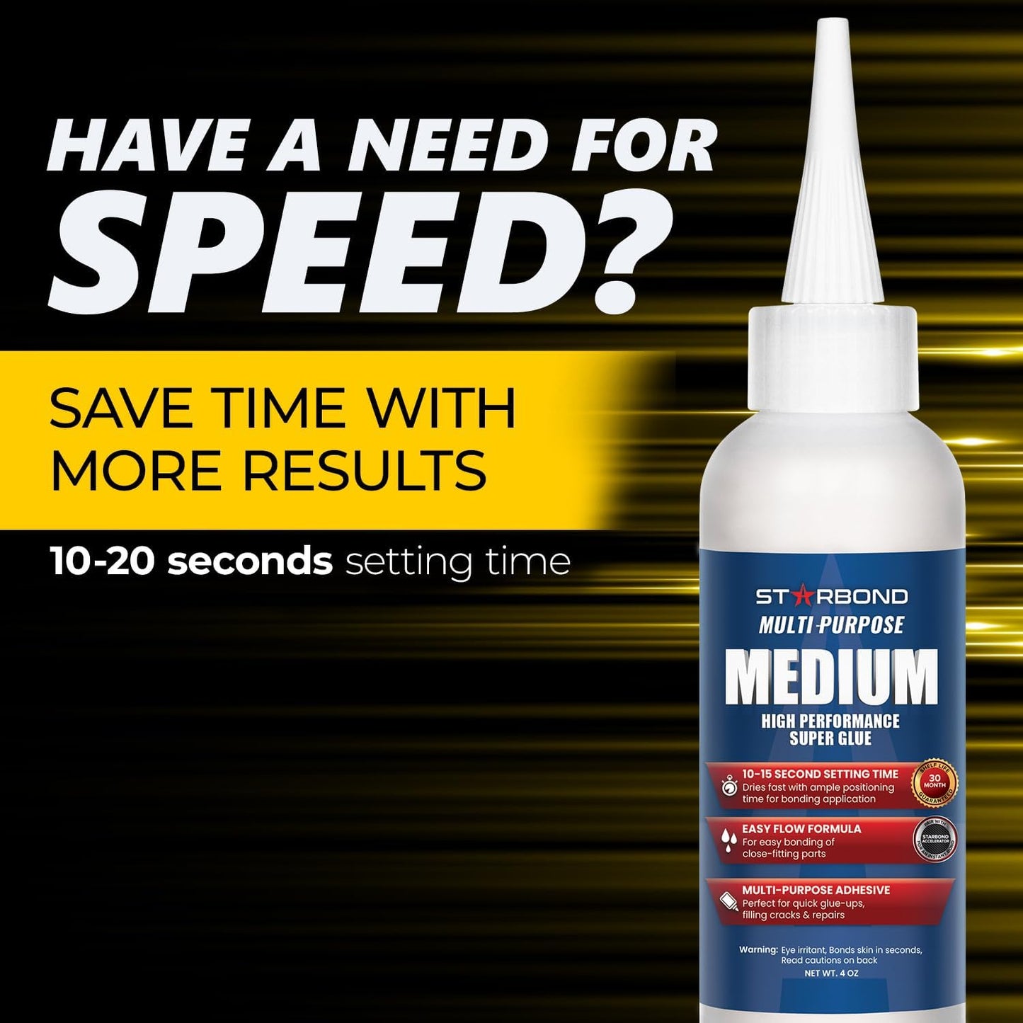 Starbond 4 oz. Medium CA Glue (Premium Cyanoacrylate Super Glue) with Extra Cap and Microtips for Quick Fixes, Woodworking, Woodturning, Hobby Models