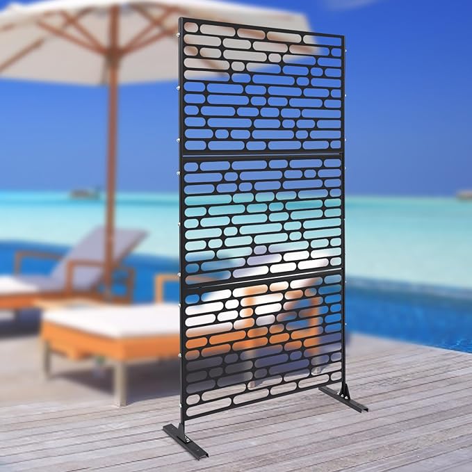 75" H×35" W Decorative Outdoor Privacy Screen with Stand, Outdoor Decor Privacy Fence Screen Metal Fence Panels, Free Standing Metal Divider for Patio Lawn Deck (Black-Oval)