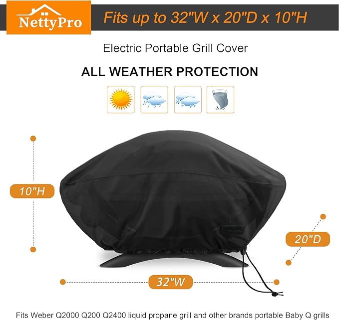 NettyPro Grill Cover for Small Q Series Grills, Waterproof Heavy Duty UV Resistant Portable Grill Cover for Q 2400 Series and Baby Q Gas Grill, Black