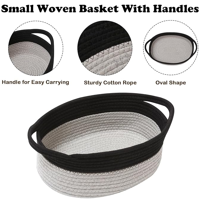 Gift Basket with Gift Bag and Ribbons,Small Rope Woven Shelf Storage,Baskets for Gifts Empty,Birthday,Baby Shower,Decorative Organizer Box with Handles(Black&Grey)