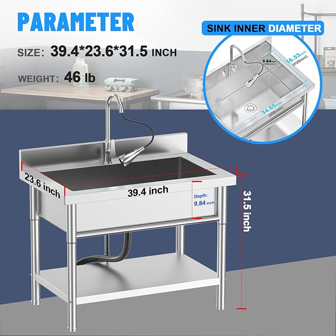Stainless Steel Utility Sink, 39.5" × 23.6" × 31.5"Freestanding Sink with Retractable Cold and Hot Water Faucet,Hoses and Drain Kit for Kitchens, Bathrooms, Garage, Laundry Room