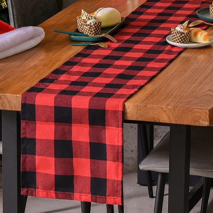 Tosewever Christmas Buffalo Check Plaid Table Runner, Cotton Polyester Blend Classic Family Dinner Table Runners for Indoor Outdoor Parties Events Home Decoration (Red and Black, 14 x 108 Inch)