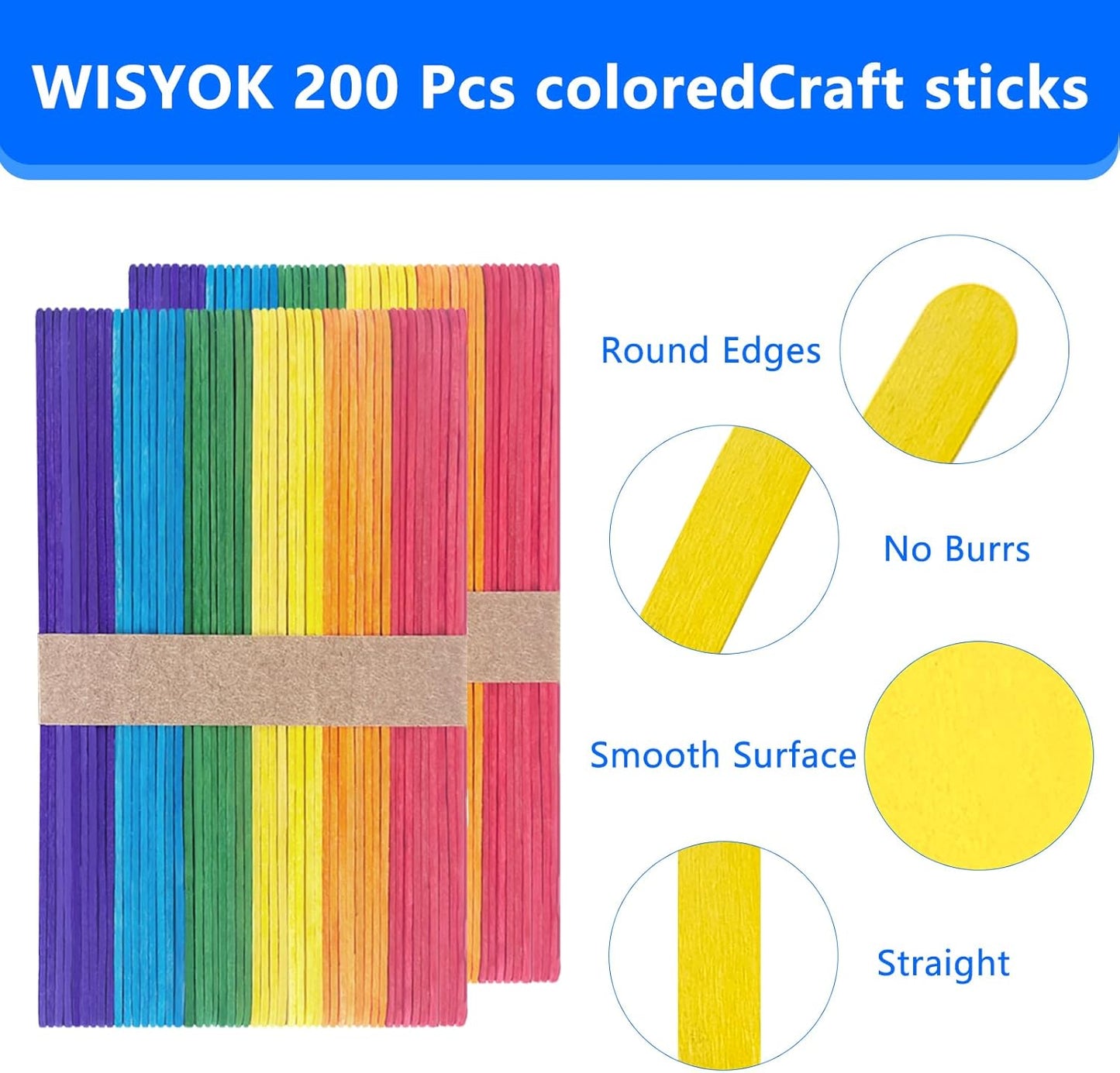 Colored Jumbo Wooden Craft Sticks, 6 Inch, 500 Pieces, 3/4 Inch Wide, Multi-Colored