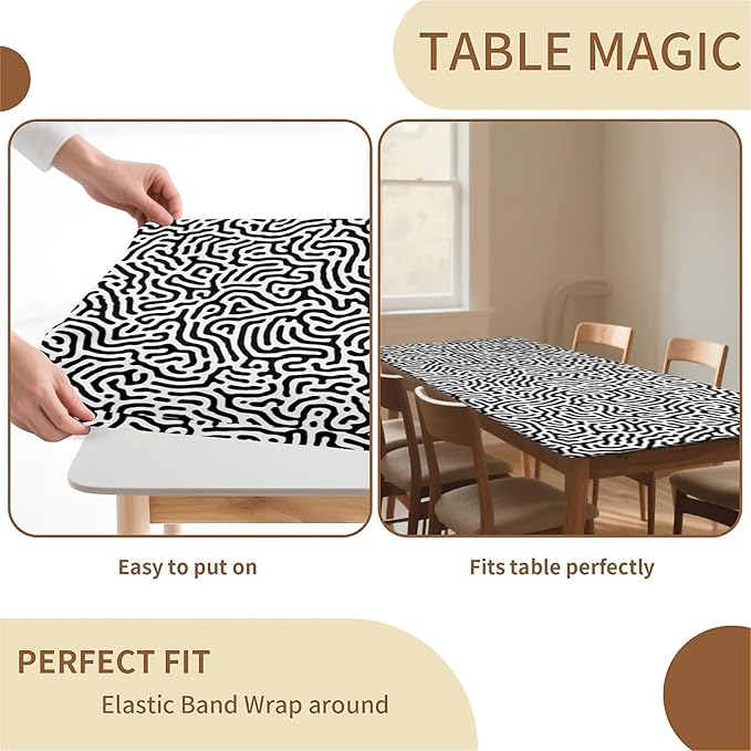 Rectangle Table Cloth Cover Waterproof Elastic Fitted Polyester Fitted Tablecloths for 6 Foot Tables for Indoor,Picnic, Camping, Outdoor （72" x 30"，Abstract Geometry）