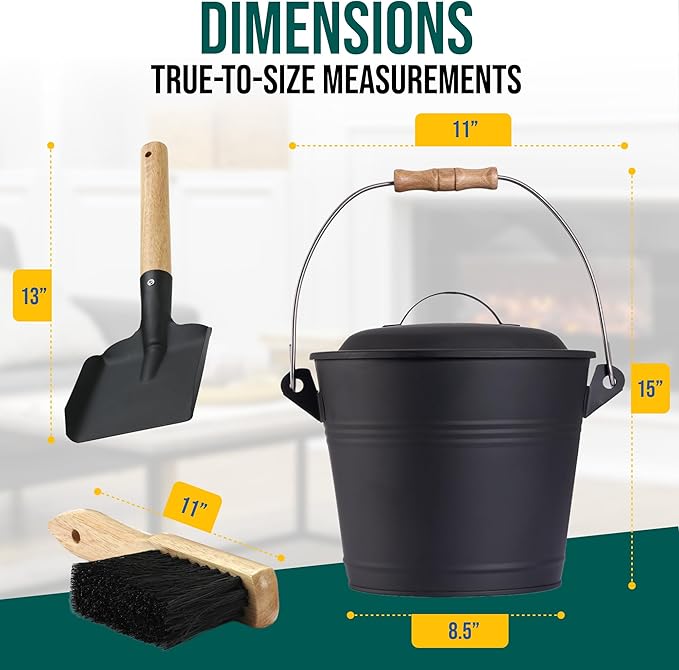 Smedley & York Mini Ash Bucket with Lid, Includes Fireplace Tools, Pail, Shovel and Broom, 1.5 Gallon Charcoal Metal Bucket with Lid, Coal Bucket and Ash Can, Galvanized Iron Ash Bucket for Fireplace