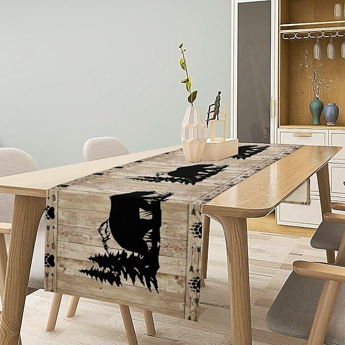 Bear Table Runner, Wild Animals Rustic Cabin Forest Bear Print Wooden Board Table Runner for Dining Kitchen Home 13x36in