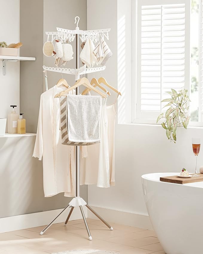 SONGMICS 2-Tier Clothes Drying Rack, 72-Inch Folding Laundry Drying Rack with 3 Rotatable Arms for Hangers, 24 Clips, Stainless Steel, for 27 Pieces of Clothes, White and Silver ULLR512W01