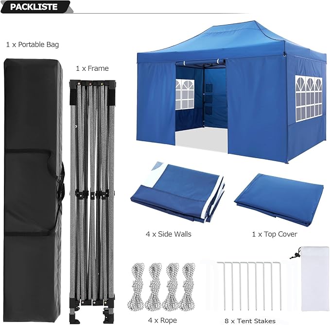 COBIZI 10x15 Pop up Canopy Tent 10x15 Canopy with 4 Sidewalls Waterproof Heavy Duty Commercial Canopy for Parties Outdoor Garden Gazebo Tent, Carry Bag(10x15ft, Blue)