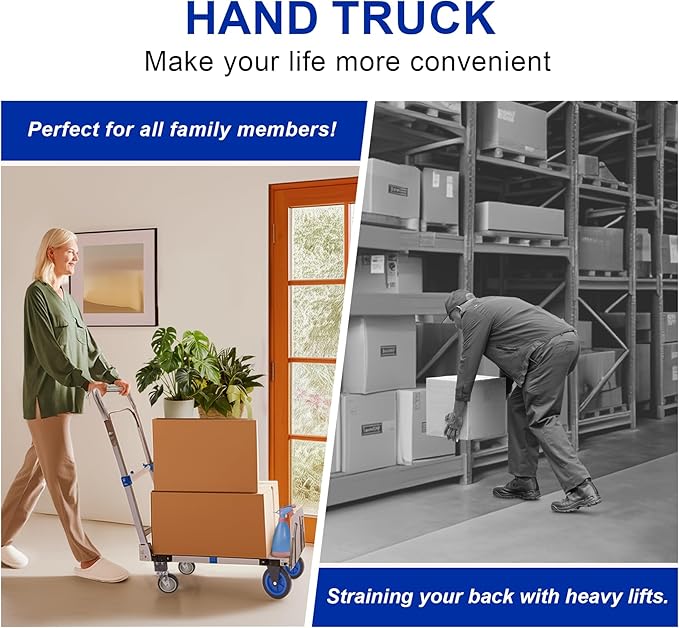 Upgraded 3 in 1 Aluminum Folding Hand Truck, 600lbs Capacity, Heavy Duty Convertible Dolly with Retractable Handle and 4 Rubber Wheels, Collapsible Cart for Moving Home, Office, Warehouse (Blue)