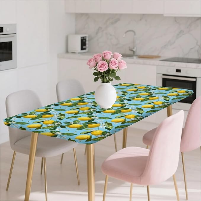 Rectangle Table Cloth Cover Waterproof Elastic Fitted Polyester Fitted Tablecloths for 8 Foot Tables for Indoor,Picnic, Camping, Outdoor （96" x 30"，Lemon）