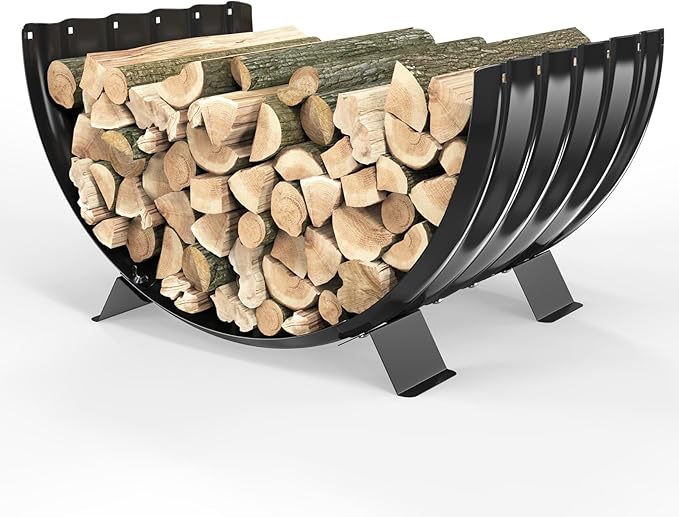 24 inch Diameter Semicircle Firewood Rack Storage -0.8MM Thick Galvanized Steel with Wave Pattern & 4 Stable Feet, Black Coated for Indoor/Outdoor Wood Storage (2FT Diameter)