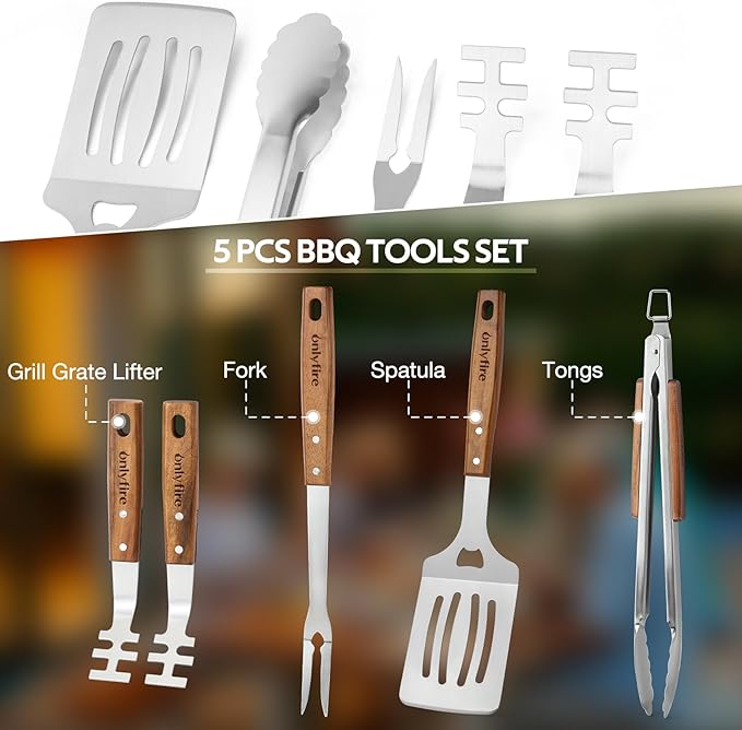onlyfire 5PCS BBQ Tools, Heavy Duty Grill Kit with Wood Handles for Outdoor Camping, Multifunctional Griddle Utensil Set Including BBQ Spatula, Barbecue Tong, Meat Fork and Grate Liftes