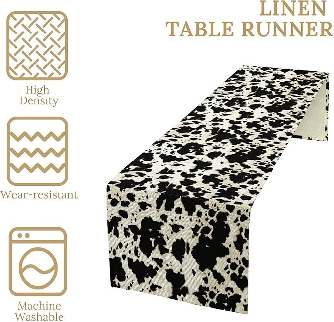 Cow Print Table Runner, Black White Animal Fur Skin Rustic Cowhide Pattern Table Runner for Kitchen Farmhouse Dining Home Outdoor Party 13x70in