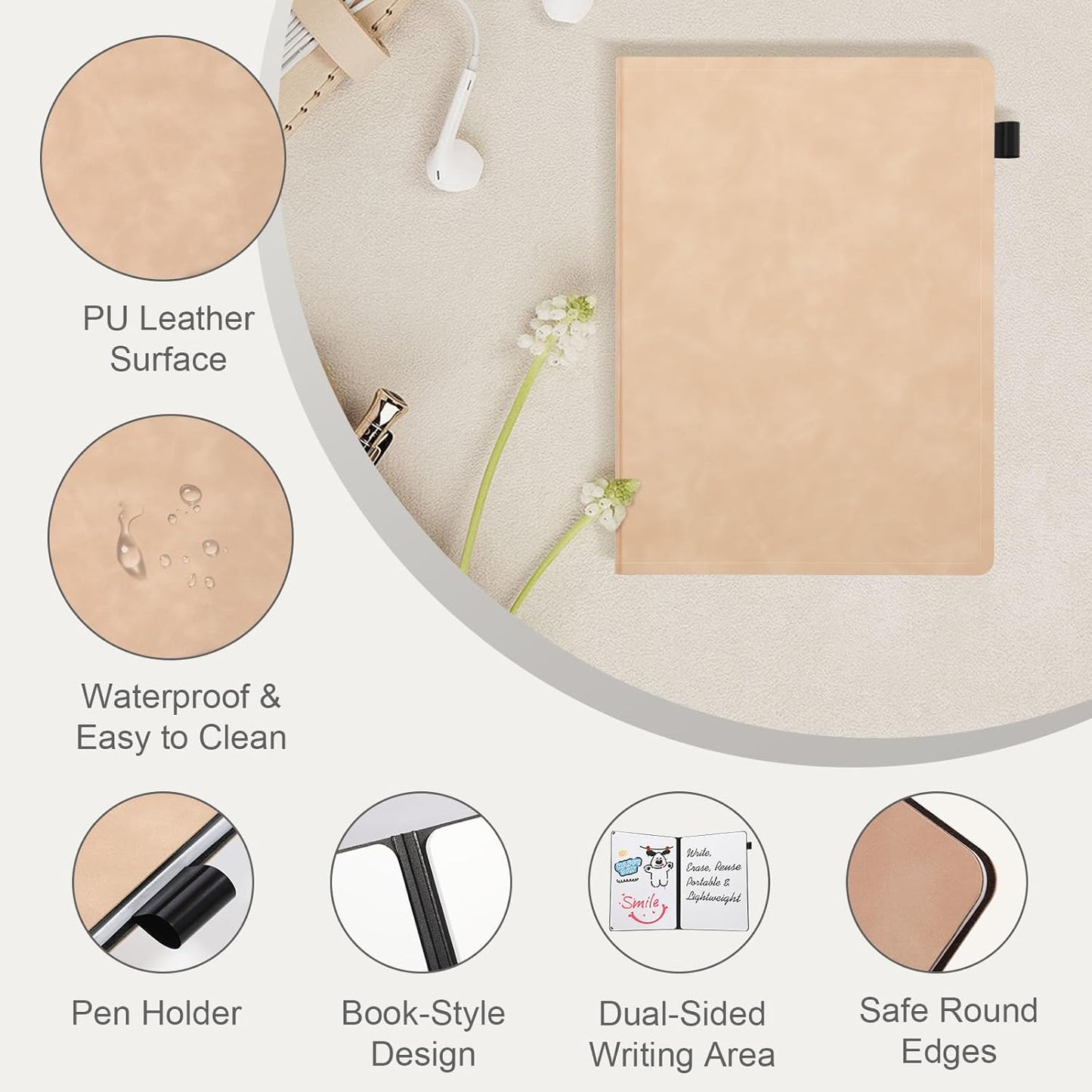 AGM Portable White Board Dry Erase Notebook, 12" x 9" Double Sided Folding Whiteboards with 3 Pens, Small Travel Dry Erase Board Skin-Friendly Material for Study, Meeting, Planning, Tuscan