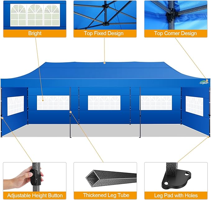 COBIZI 10x30 Pop up Canopy Tent 10x30 Canopy with 8 Sidewalls Waterproof Heavy Duty Commercial for Parties Outdoor Garden Gazebo Tent, Carry Bag with Wheel(10x30ft,Blue)