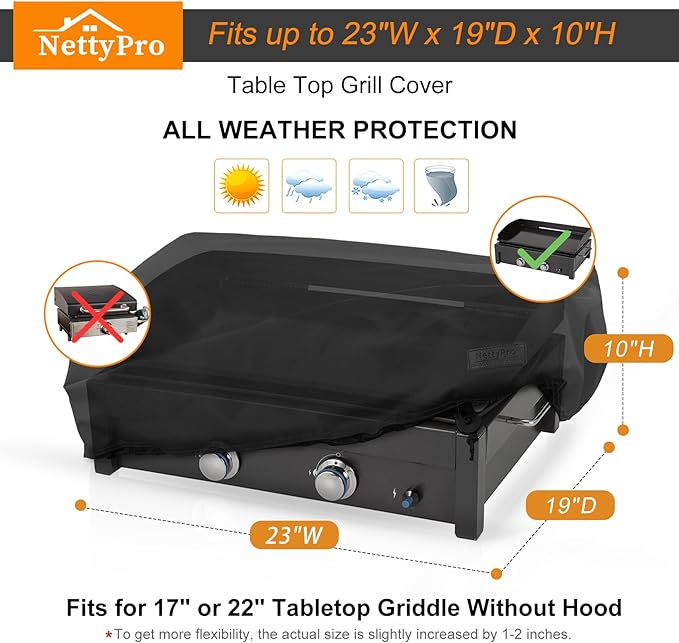 NettyPro Griddle Cover for 22 Inch 17 Inch Table Top Griddle, Waterproof Heavy Duty Portable Tabletop 2-Burner Propane Grill Cover for Cuisinart, Monument, Pit Boss, Royal Gourmet, Black