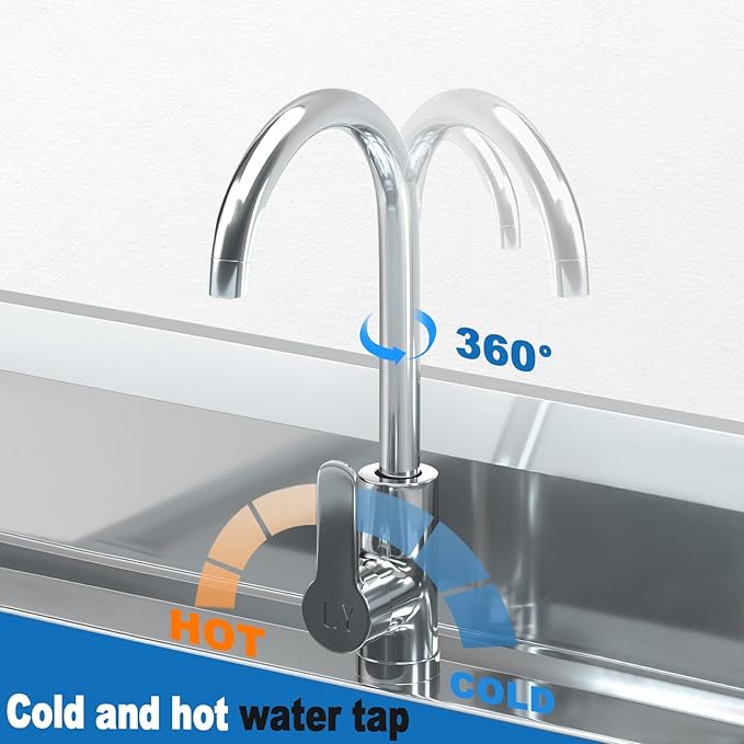 Free Standing Stainless-Steel Single Bowl Commercial Restaurant Kitchen Sink Set W/Hot and Cold Faucet, for Kitchen and Bathroom Farmhouse Style