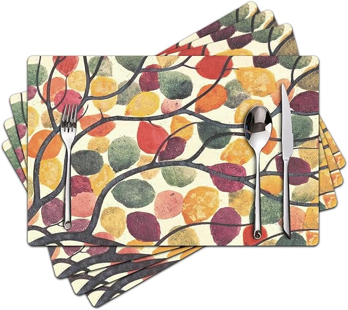 Rainbow Tree Placemats Set of 4 - Faux Leather Resistant Placemats for Dinner Table, Non-Slip Waterproof Oil-Proof Washable Reusable Placemat for Indoor Outdoor Kitchen Decor, 15.75In*11.81In