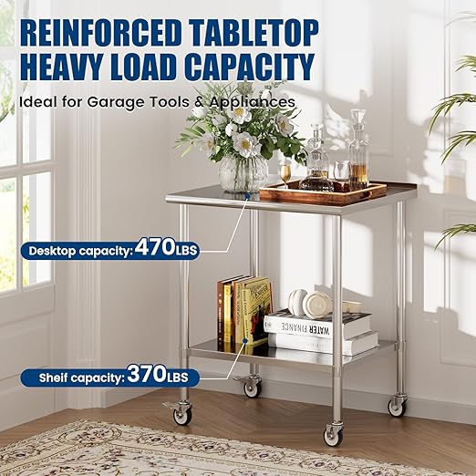 Stainless Steel Work Table with Wheels, 30x36 Inch NSF Food Prep Table with Backsplash & Adjustable Undershelf for Kitchen, Restaurant, Garage