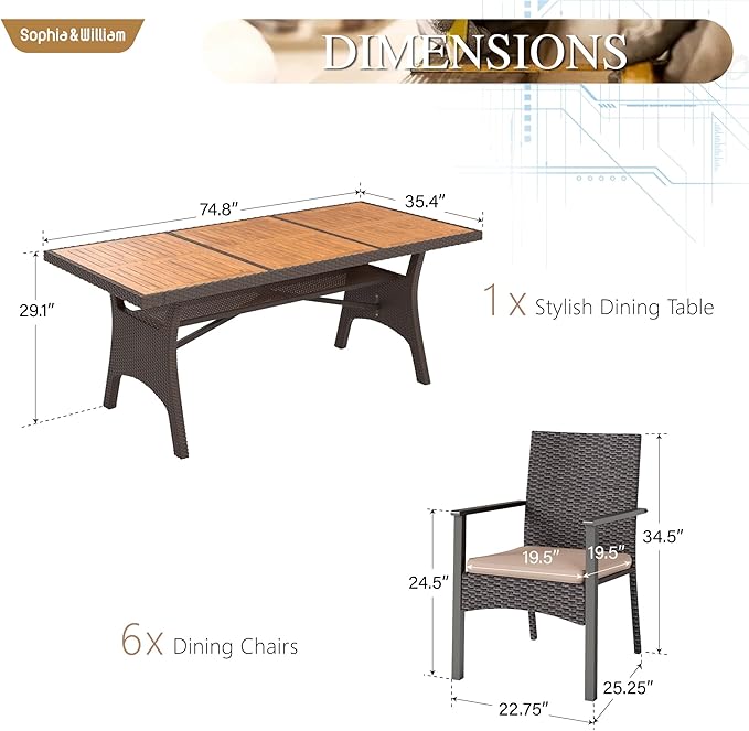Sophia & William 7 Piece Patio Dining Set, Patio Table and Chairs Set Outdoor Dining Set for 6, Acacia Wood Patio Dining Table Set with PE Rattan Wicker Chairs for Garden, Porch, Backyard