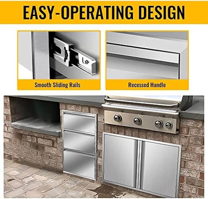 Pull Out Trash Drawer, Lower Sliding Rails Stainless Steel Roll Out Trash Bin Pull Out Tray With Handle For Outdoor Kitchen BBQ Island Grill Station,Three Drawers
