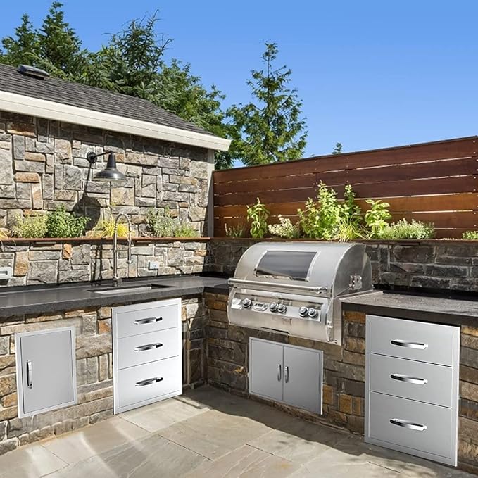 Outdoor Kitchen Drawers, Box Frame Style Flush Mount BBQ Drawer w/Stainless Steel Handle, BBQ Island Drawers For Patio Grill Station,Three Drawers