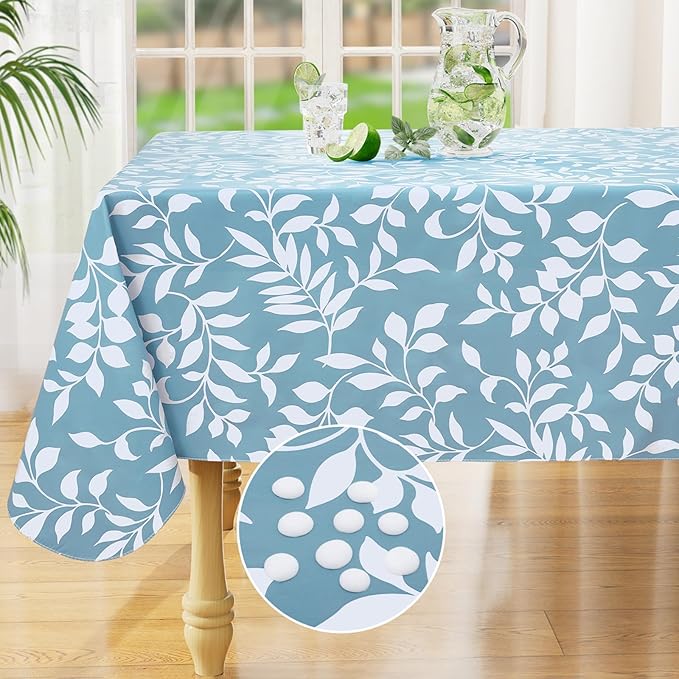 misaya Rectangle Waterproof Vinyl Table Cloth, Wipeable Tablecloth with Flannel Backing, Plastic Table Cover for Dinner, Picnic, Indoor and Outdoor (Blue Leaves, 60" x 102")