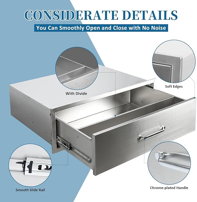 Outdoor Kitchen Drawers 30"Wx10"Hx23"D Flush Mount Access Single Drawer BBQ Stainless Steel Drawers with Handle for Outdoor Kitchen Island or Grill Station