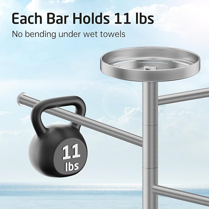 KES Hot Tub Towel Rack Outdoor with 1.5X Heavier Natural Marble Weighted Base, Pool Towel Rack with 360° Adjustable Arms & Storage Tray, 18/8 Stainless Steel, Brushed Steel, OTR203-2