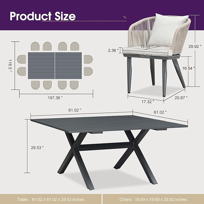 PURPLE LEAF 14 Pieces Patio Dining Set Wicker Outdoor Furniture Oversize Rectangular Table and Chairs Set for Garden Deck Aluminum Frame Backyard Kitchen Set, Cushions and Pillows Included Taupe