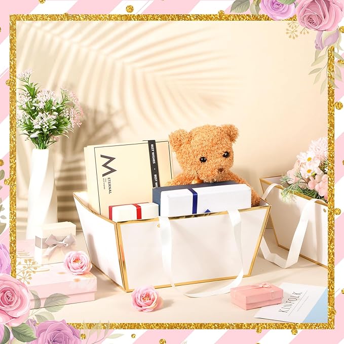 Pinkunn 48 Pcs Basket for Gifts Empty DIY Bulk Gift Basket Kit with Handles Kraft Cardboard Tray for Wedding Baby Shower Graduation Party Anniversary Party Display(White Gold)