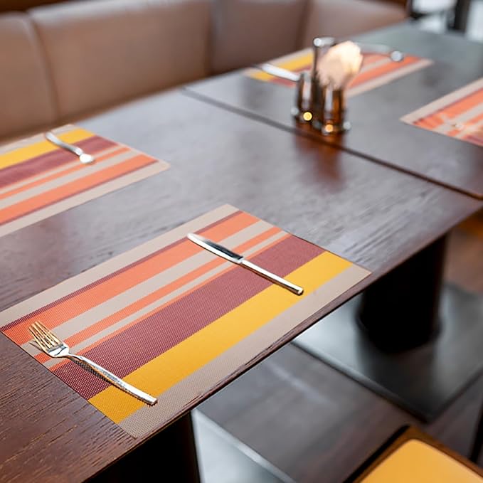 Set of 6 Colorful Striped Vinyl Placemats Heat-Resistant Washable Placemats Non-Slip Woven Table Mats Wipeable Placemat for Kitchen Dining Table Decoration Indoor Outdoor (Sunset Gold)